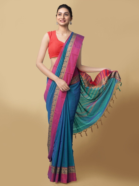 

Unnati Silks Blue & Fuchsia Woven Design Pure Cotton Kanjeevaram Saree