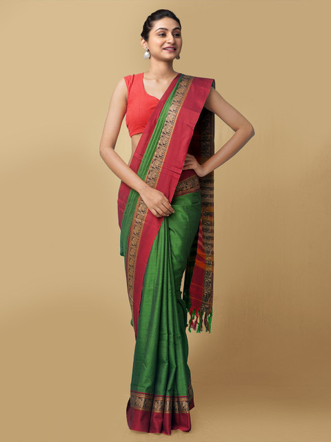 

Unnati Silks Green & Red Woven Design Pure Cotton Kanjeevaram Saree