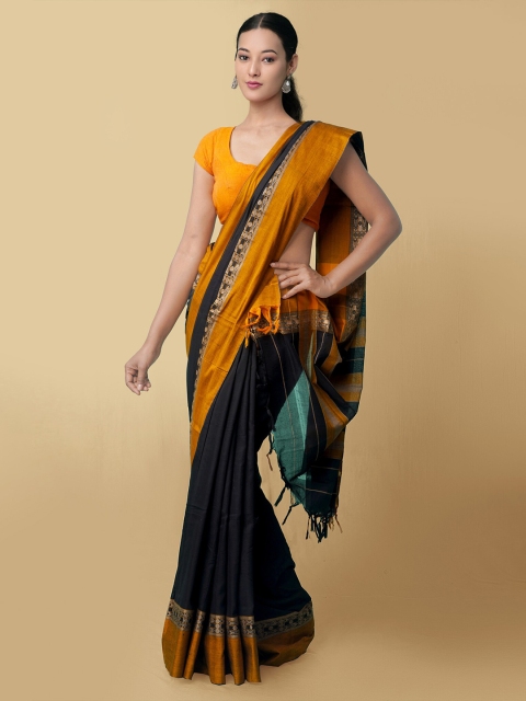 

Unnati Silks Black & Mustard Pure Cotton Handloom Narayanpet Saree