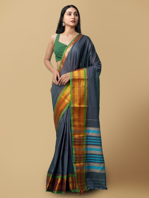 

Unnati Silks Grey & Orange Woven Design Pure Cotton Narayan Peth Saree