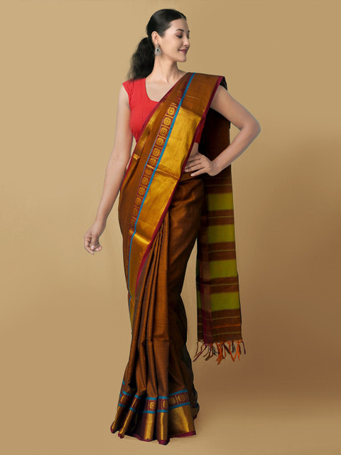 

Unnati Silks Rust & Blue Woven Design Zari Pure Cotton Narayan Peth Saree