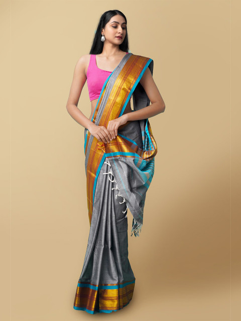 

Unnati Silks Women Grey & Blue Pure Handloom Narayanpet Cotton Saree