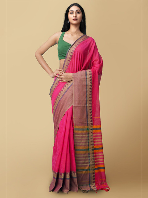 

Unnati Silks Pink & Green Pure Cotton Handloom Kanchi Saree
