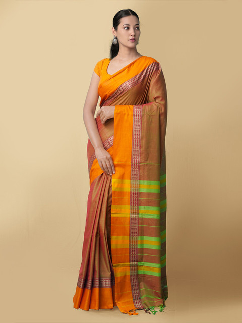 

Unnati Silks Women Brown & Orange Pure Handloom Narayanpet Cotton Sustainable Saree