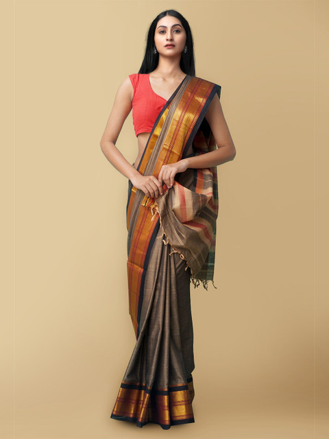 

Unnati Silks Brown & Red Woven Design Zari Pure Cotton Narayan Peth Saree
