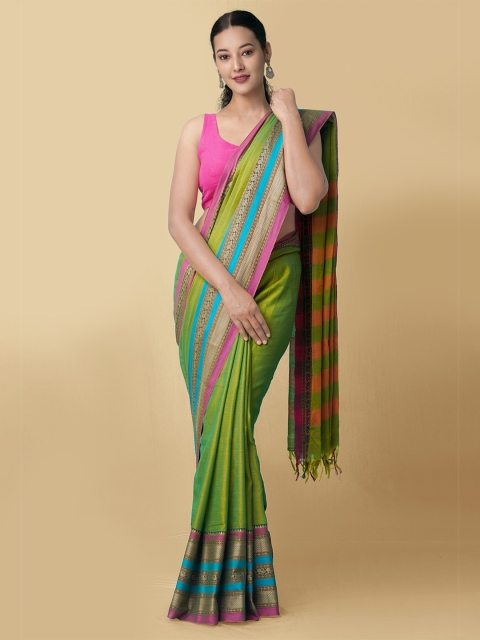 

Unnati Silks Green & Pink Solid Pure Cotton Handloom Narayanpet Saree
