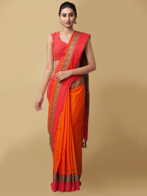 

Unnati Silks Orange & Red Pure Cotton Kanjeevaram Saree