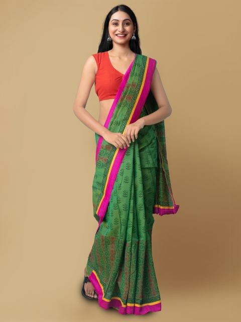 

Unnati Silks Green & Fuchsia Ethnic Motifs Art Silk Chanderi Saree
