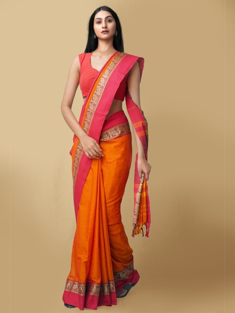 

Unnati Silks Women Orange & Pink Pure Handloom Kanchi Cotton Sustainable Saree