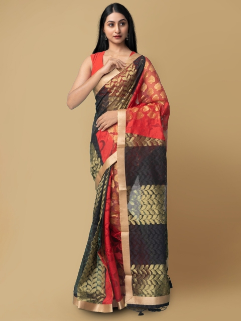 

Unnati Silks Red & Black Ethnic Motifs Zari Silk Cotton Banarasi Saree