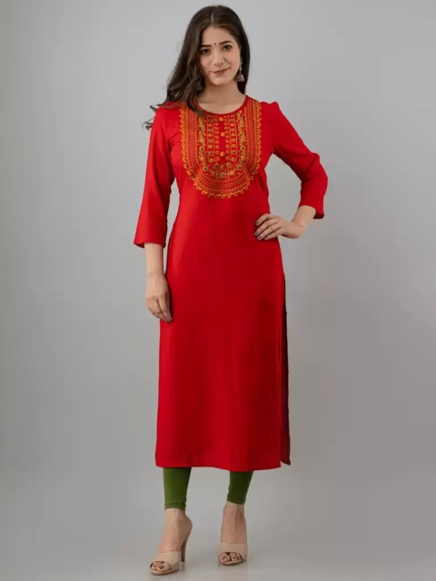 

Globon Impex Women Red Geometric Yoke Design Thread Work Cotton Straight Kurta