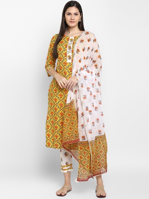 

CHRISTEENA Women Yellow & White Ethnic Printed Pure Cotton Kurta with Trousers & Dupatta