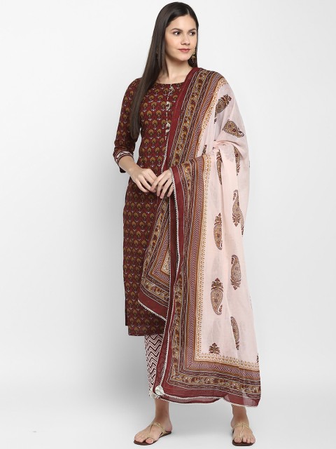 

CHRISTEENA Women Maroon Printed Pure Cotton Kurta with Trousers & Dupatta