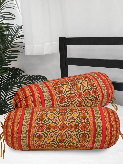 

Clasiko Set Of 2 Orange & Green Printed Cotton Bolster Covers
