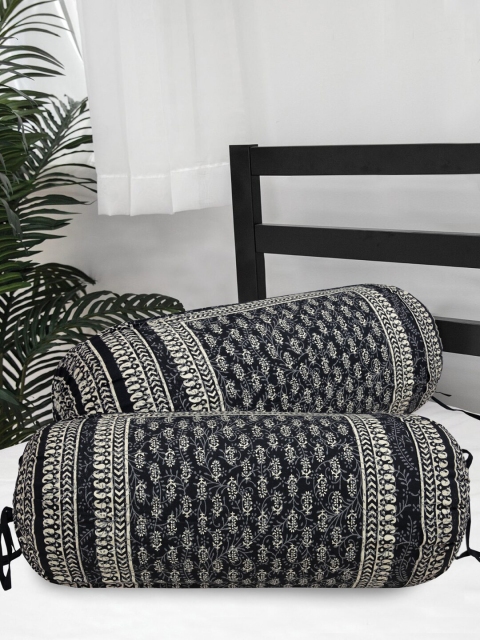 

Clasiko Set Of 2 Grey & White Ethnic Motifs Printed 300 TC Cotton Bolster Covers