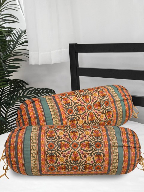 

Clasiko Set Of 2 Orange & Green Floral Printed 300 TC Cotton Bolster Covers
