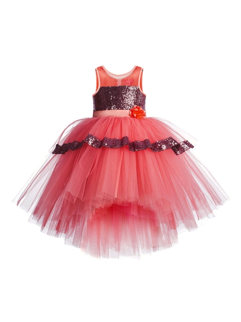 

Toy Balloon kids Peach-Coloured & Purple Embellished Layered Net Empire Dress