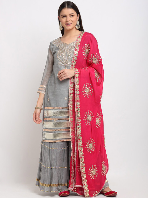 

anokherang Women Grey Embroidered Pure Cotton Gotta Patti Kurta with Skirt & With Dupatta