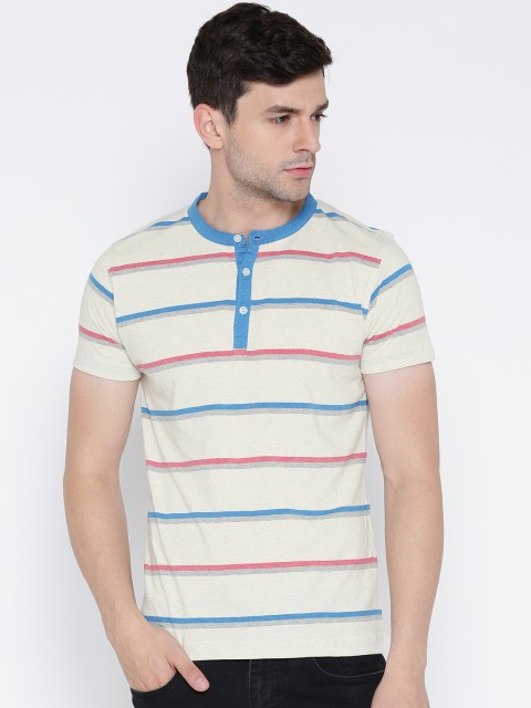 

American Crew Men Beige Striped Henley T-Shirt