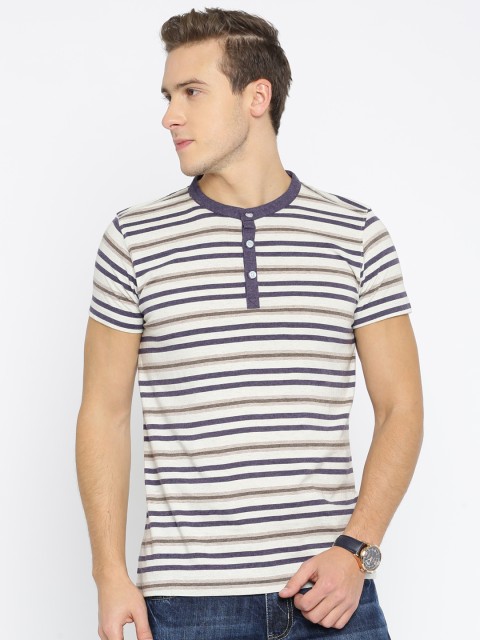 

American Crew Men Beige Striped Henley T-Shirt