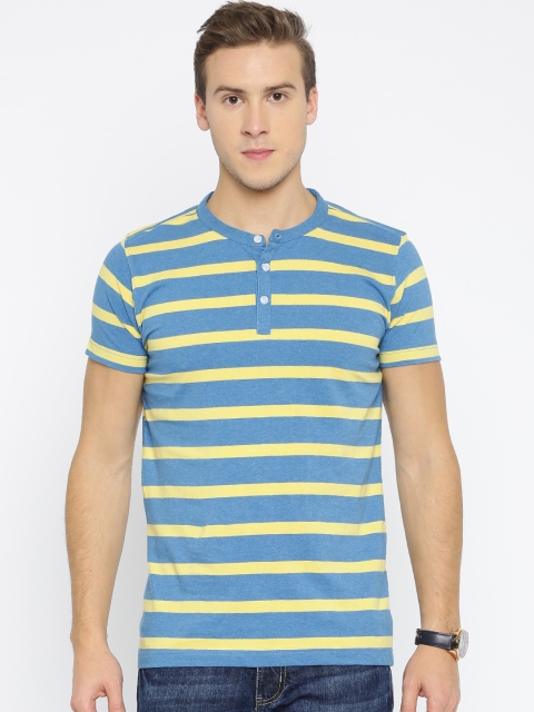 

American Crew Men Blue Striped Henley T-Shirt