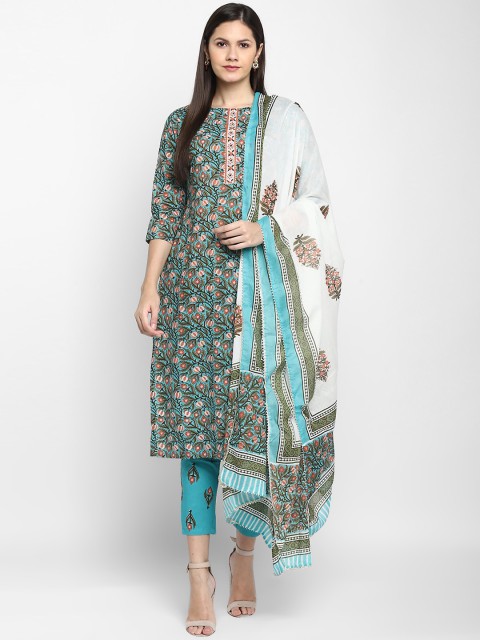 

CHRISTEENA Women Turquoise Blue Pure Cotton Kurta with Trousers & With Dupatta