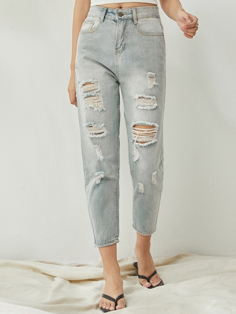 

URBANIC Women Blue Mom Fit Highly Distressed High-Rise Light Fade Cropped Jeans