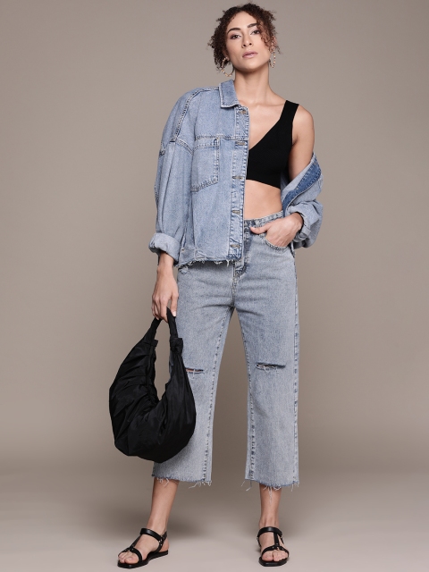 

URBANIC Women Blue Pure Cotton Straight Fit Slash Knee Cropped Jeans