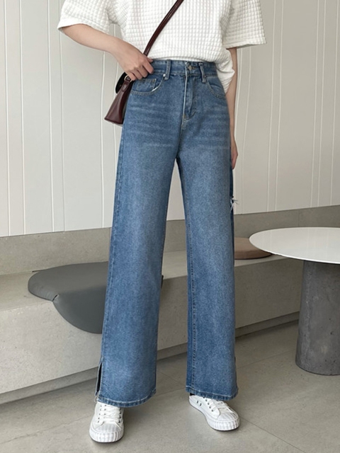 

URBANIC Women Blue Wide Leg High-Rise Low Distress Jeans with Slit Hem