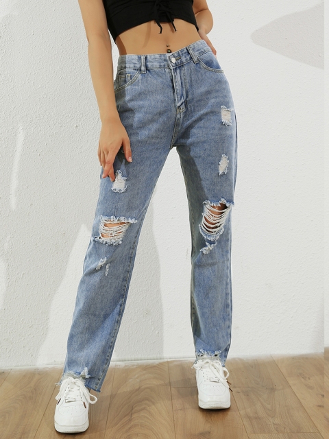 

URBANIC Women Blue Cotton Straight Fit High-Rise Mildly Distressed Jeans