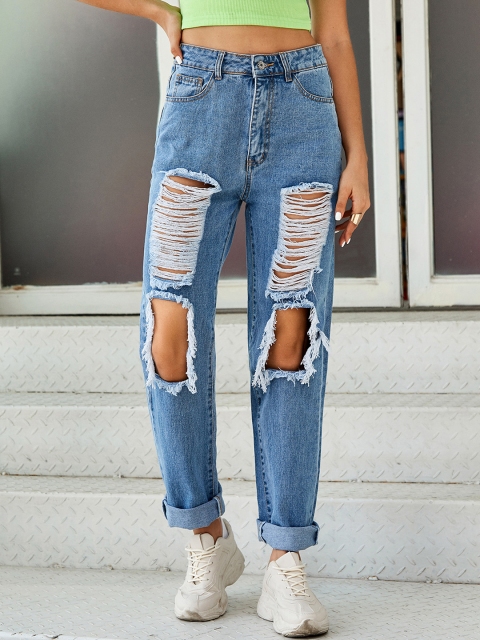 

URBANIC Women Blue Cotton Straight Fit Highly Distressed Jeans