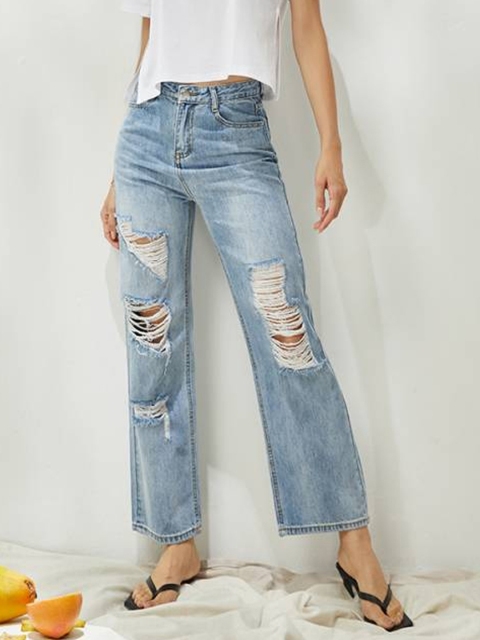 

URBANIC Women Blue Cotton Straight Fit High-Rise Highly Distressed Light Fade Jeans