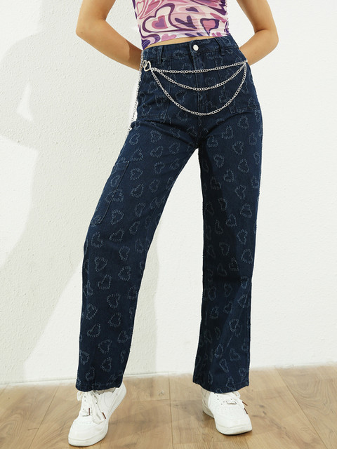 

URBANIC Women Navy Blue Cotton Straight Fit High-Rise Heart-Shaped Distressed Jeans