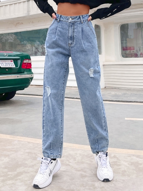 

URBANIC Women Blue Cotton Mom Fit High-Rise Low Distress Jeans