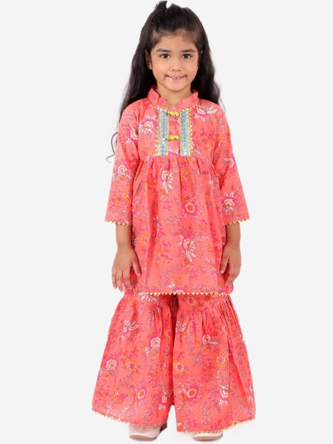 

KID1 Girls Coral Pink & White Floral Printed Pleated Pure Cotton Kurta with Sharara