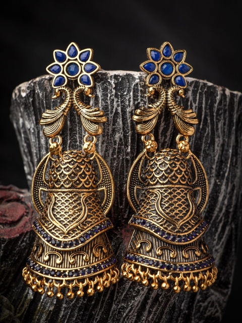 

MORKANTH JEWELLERY Navy Blue & Gold-Toned Peacock Shaped Jhumkas Earrings
