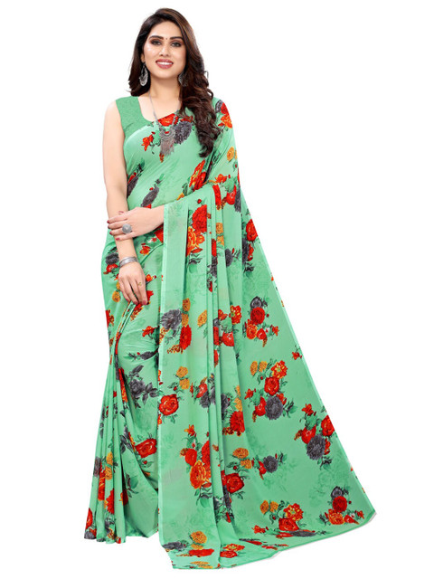 

KALINI Green & Red Floral Printed Saree