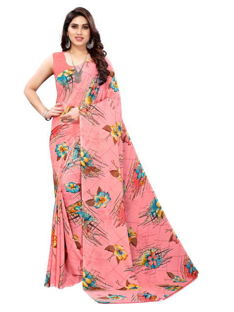 

KALINI Pink & Turquoise Blue Floral Printed Saree