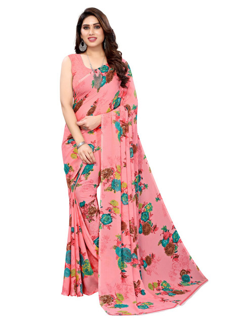 

KALINI Pink & Green Floral Printed Saree