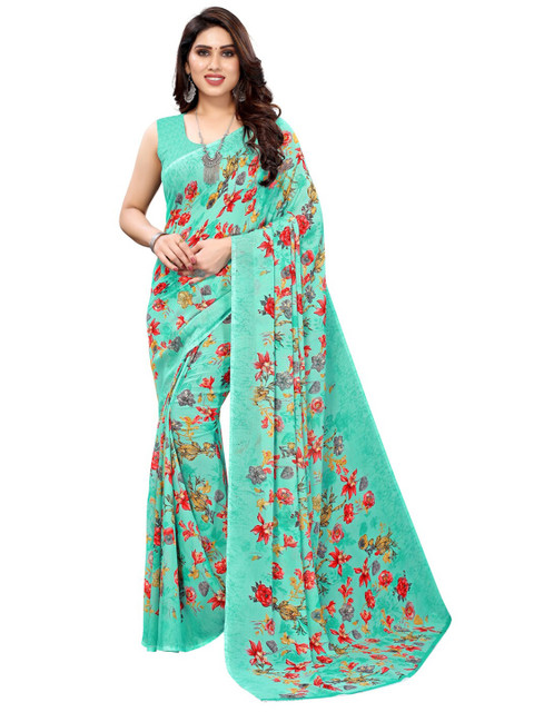 

KALINI Turquoise Blue & Red Floral Printed Saree