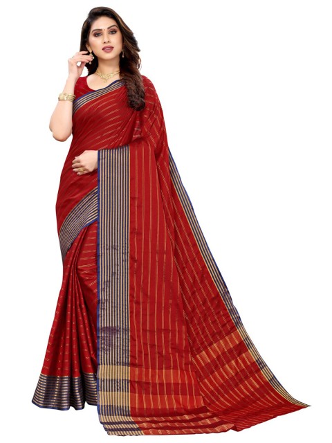 

KALINI Red & Navy Blue Striped Zari Saree
