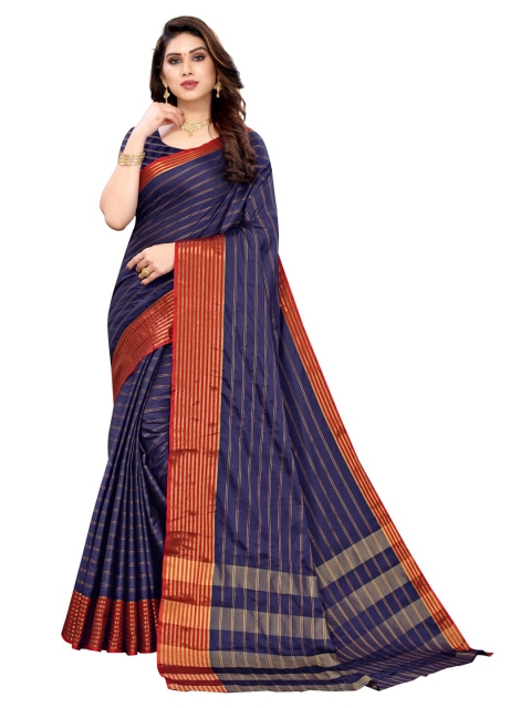 

KALINI Navy Blue & Rust Striped Zari Saree