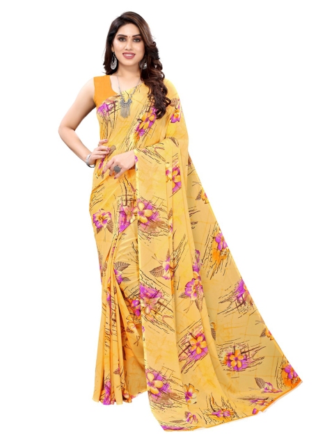 

KALINI Yellow & Purple Floral Printed Saree