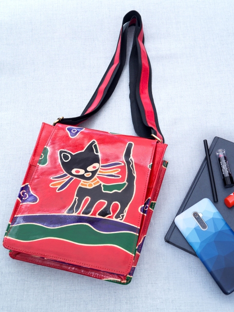 

Golden Peacock Red & Multicoloured Printed Leather Structured Tote Bag