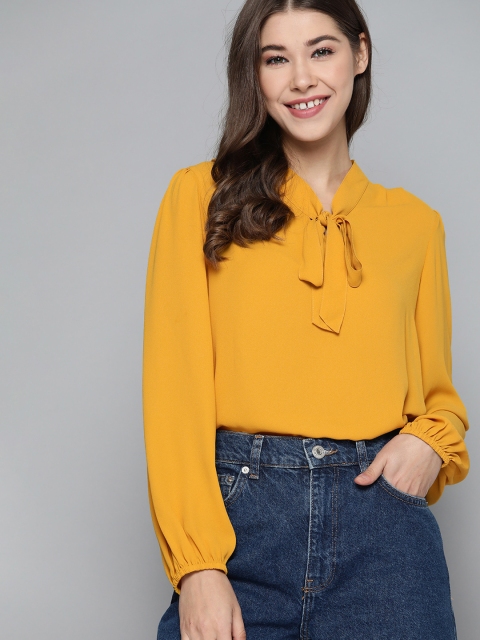 

Mast & Harbour Women Mustard Yellow Solid Tie-Up Neck Top