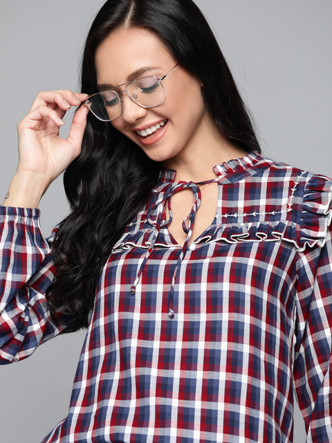 

Mast & Harbour Navy Blue & Red Checked Ruffles Regular Top
