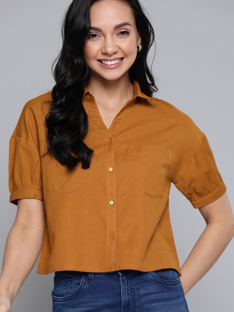 

Mast & Harbour Women Mustard Brown Solid Cotton Linen Casual Shirt