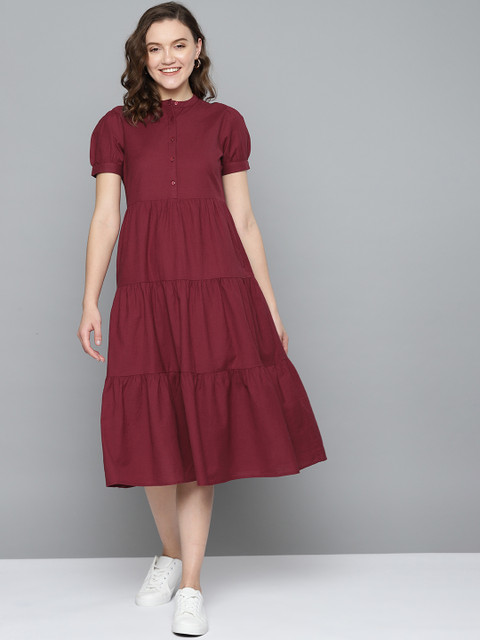 

Mast & Harbour Women Maroon Solid Tiered A-Line Midi Dress