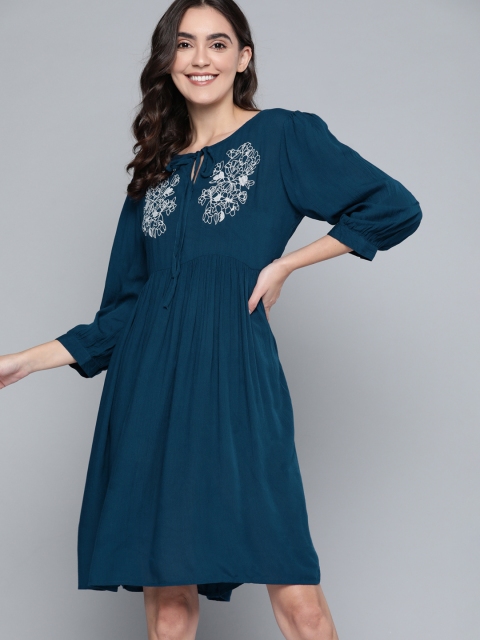 

Mast & Harbour Teal Blue & White Floral Embroidered A-Line Dress