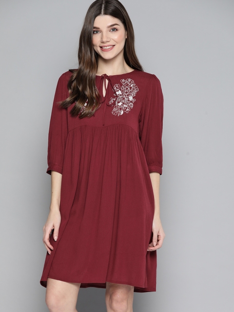 

Mast & Harbour Maroon & White Floral Embroidered Tie-Up Neck A-Line Dress